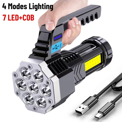 7 LED Flashlight COB Torch Rechargeable Side Light USB Charging 4 Modes Waterproof Work Light