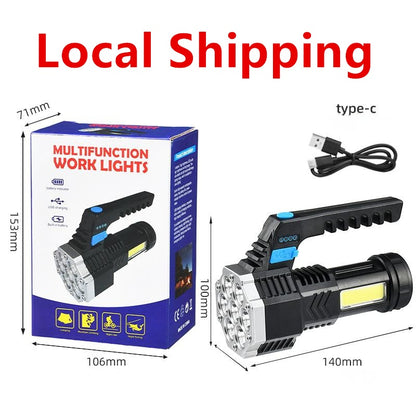 7 LED Flashlight COB Torch Rechargeable Side Light USB Charging 4 Modes Waterproof Work Light