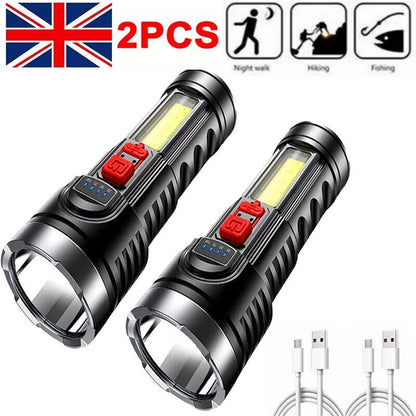 LED Flashlight Torch USB Rechargeable Work Light Built-in Battery 4 Modes Tactical Light Camping Lamp